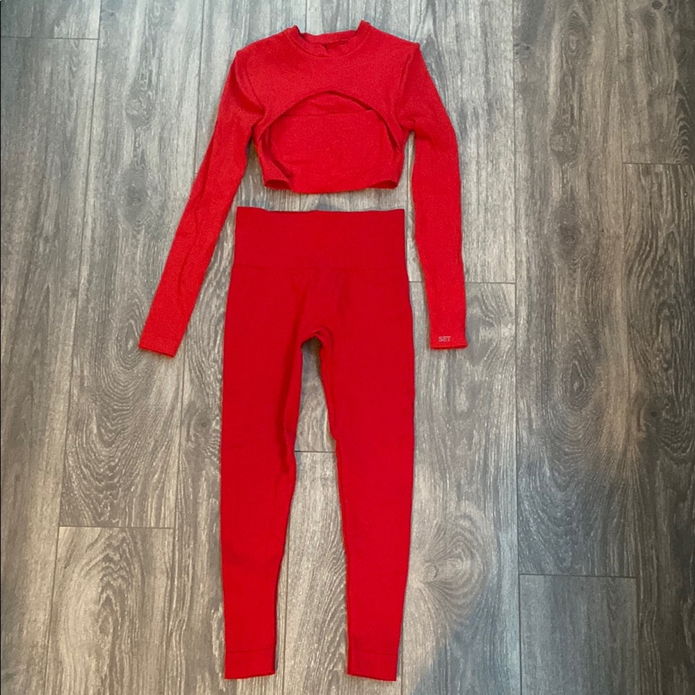 Red Crop Top Long Sleeve & Leggings Crop Top Set